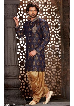 Designer Gold Navy Blue Indo Western Sherwani